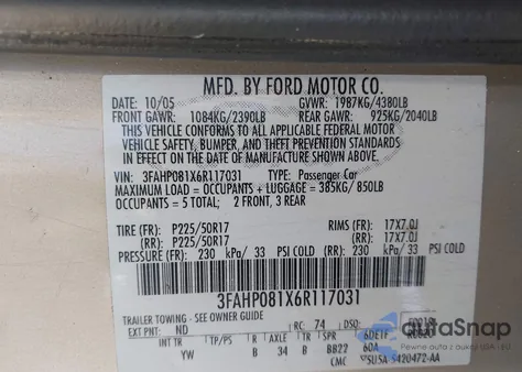 2006 Ford Fusion Sel из США, поврежденный, VIN 3FAHP081X6R117031